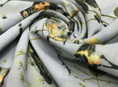 绿雀鸟树枝时尚复古简约印花雪纺面料旗袍连衣